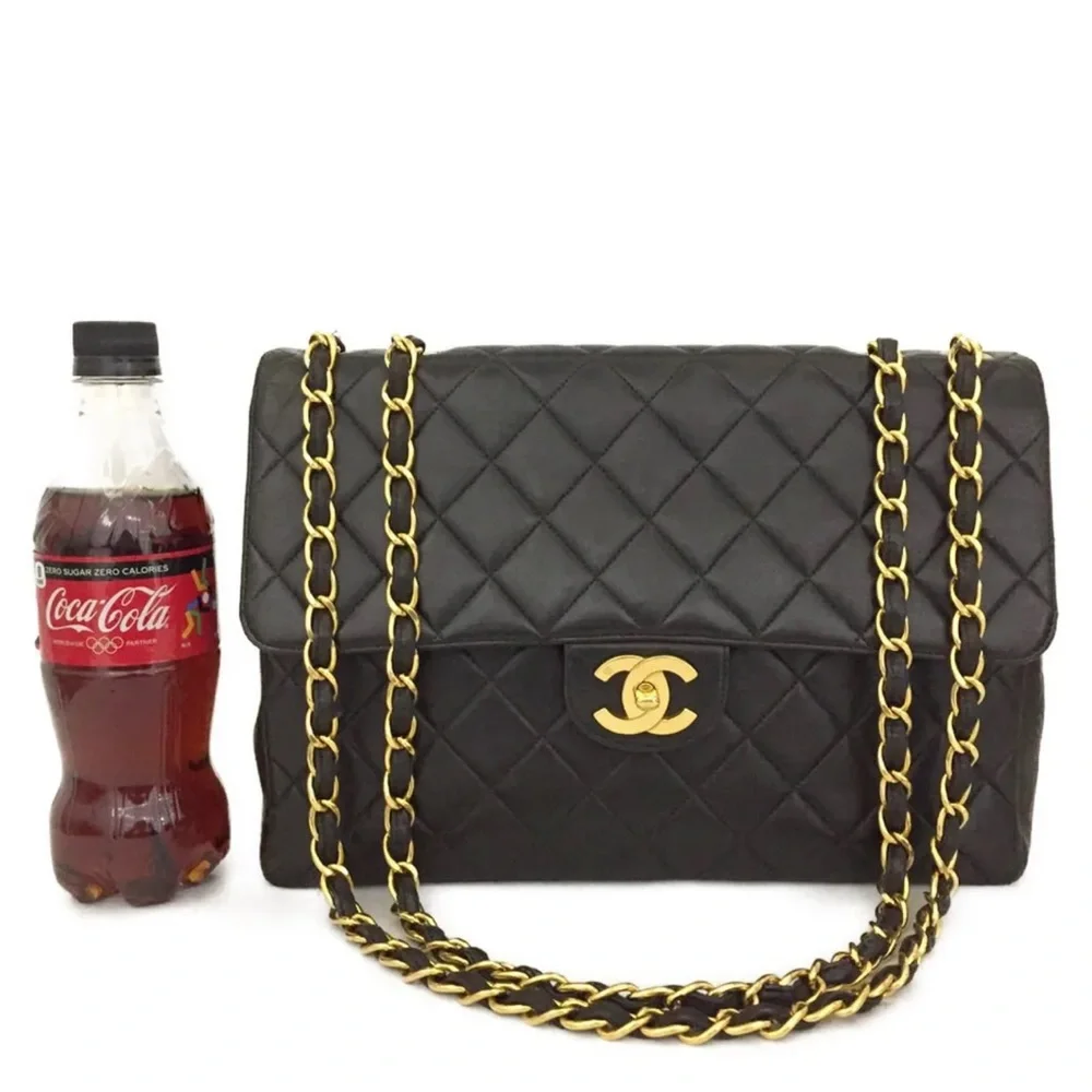 CHANEL Classic Black Leather Jumbo 30 / 24k Gold Chain Flap Bag +Card/Duster + - Picture 10 of 12